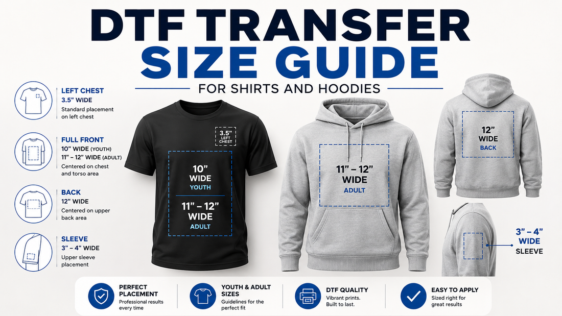 DTF transfer size guide for shirts and hoodies
