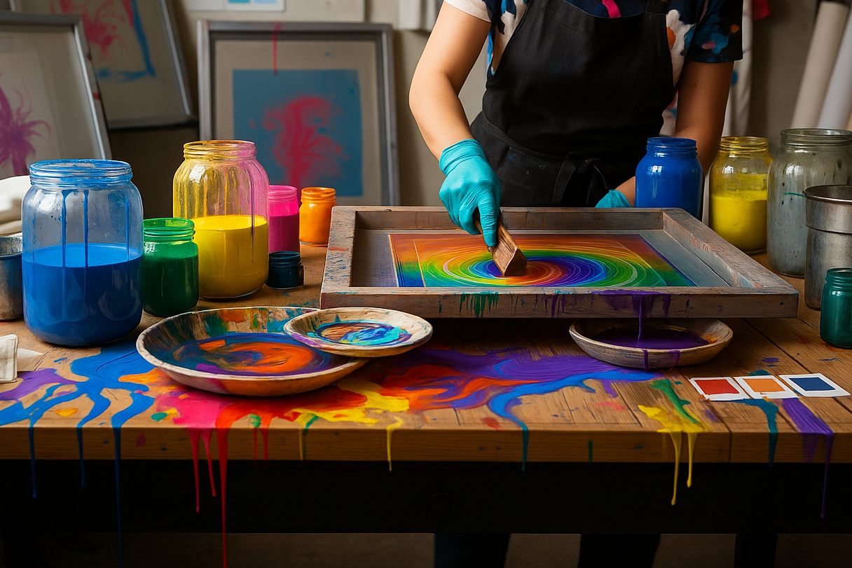 Person painting a colorful abstract design on a wooden tray with various jars of paint on a table.